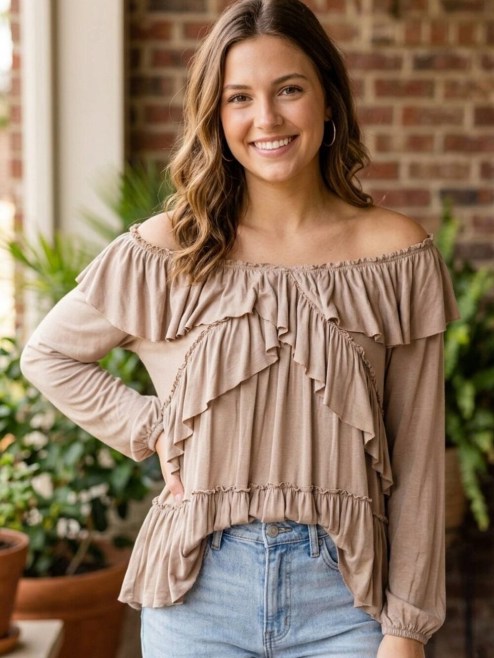 Entro Tan Ruffle Tiered Off-the-Shoulder Long Sleeve Top Size M Style T8764